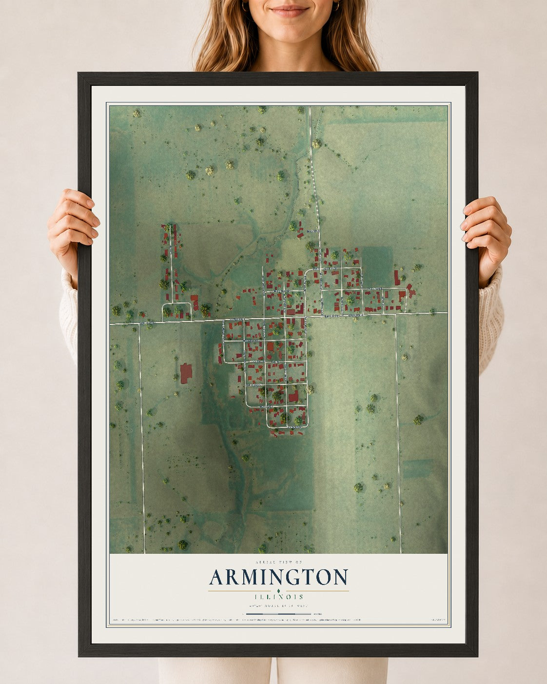 Map of Armington, Illinois, 24 x 36 inch print in a black wood frame