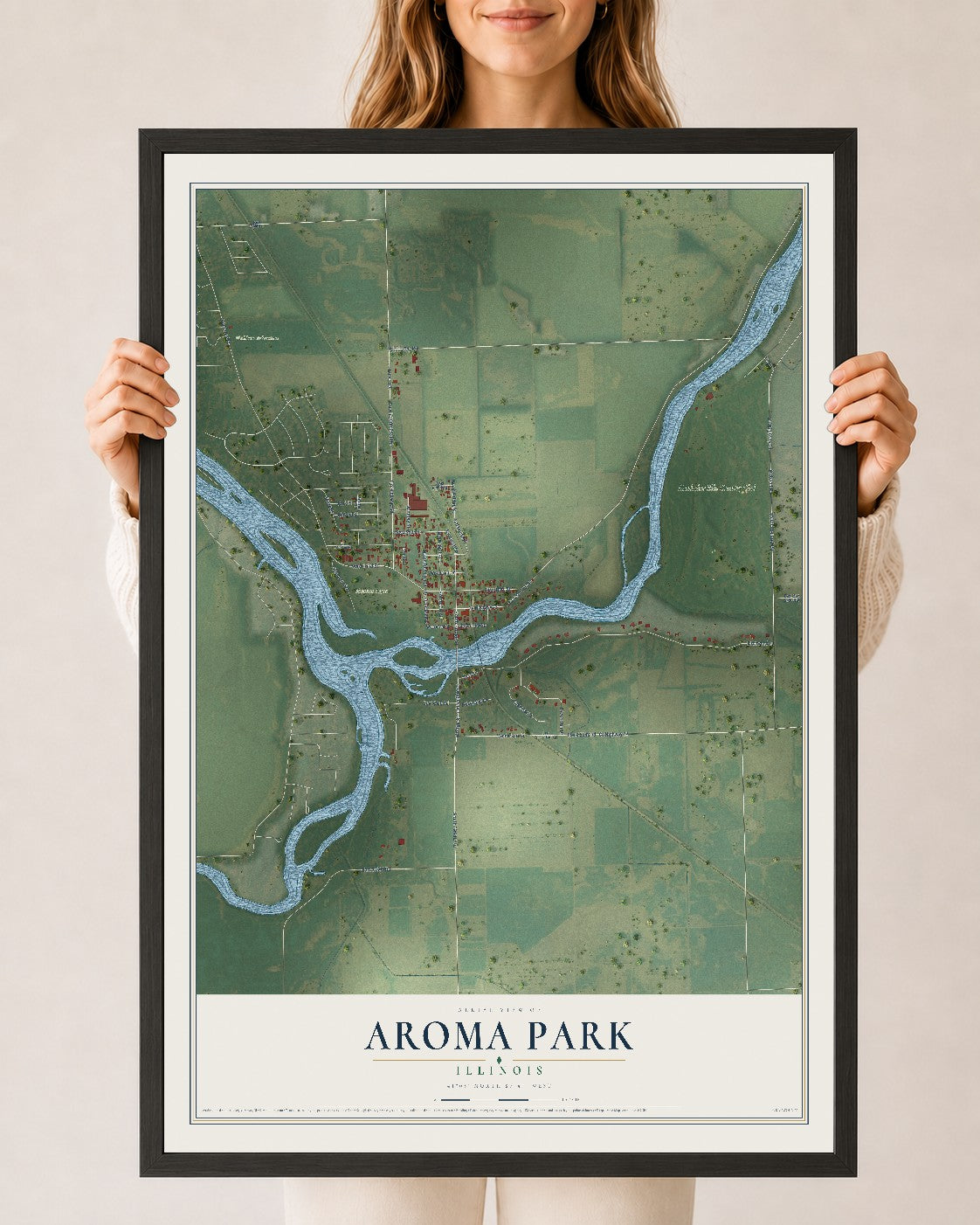 Map of Aroma Park, Illinois, 24 x 36 inch print in a black wood frame