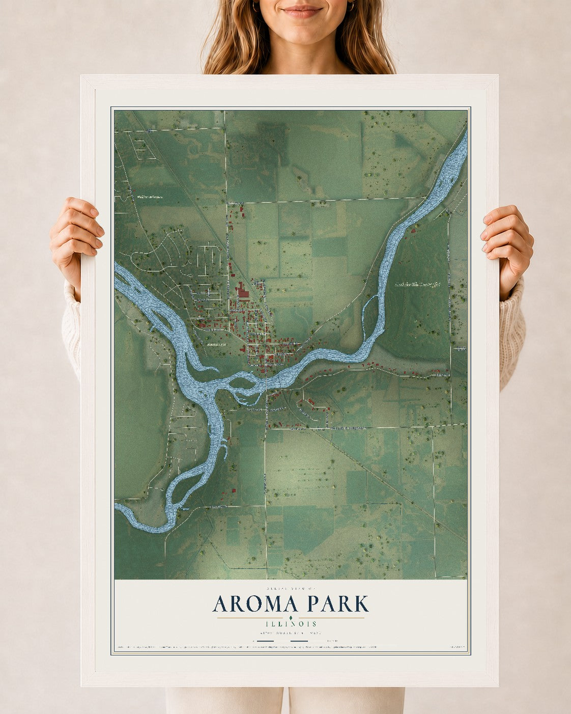 Map of Aroma Park, Illinois, 24 x 36 inch print in a white wood frame