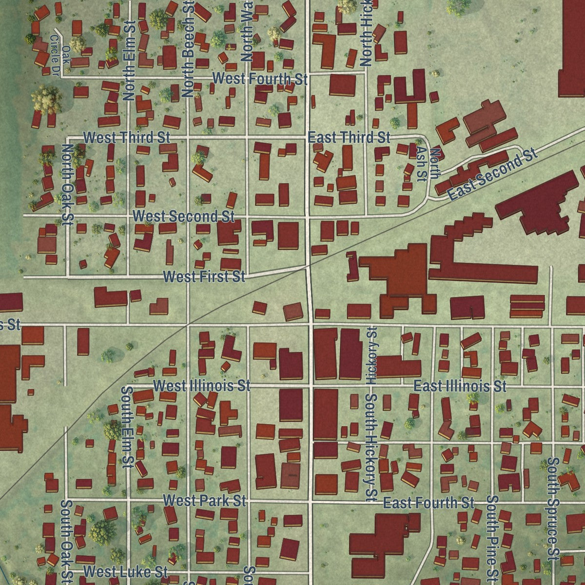 Close-up of the map of Arthur, Illinois print showing street and building detail