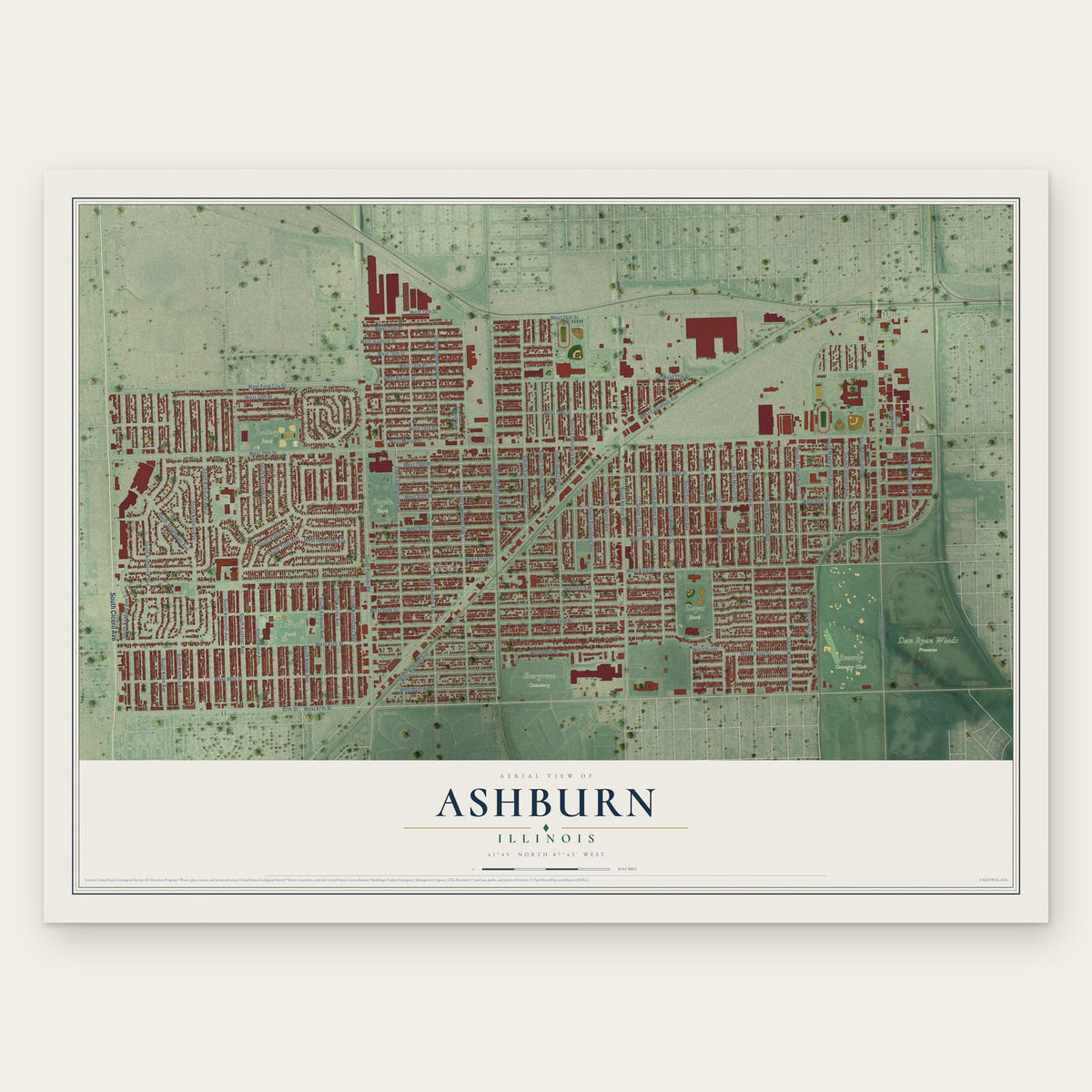 Ashburn, Illinois map print, the full design
