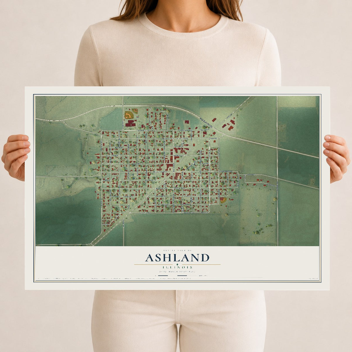 Map of Ashland, Illinois, 12 x 18 inch unframed archival matte print