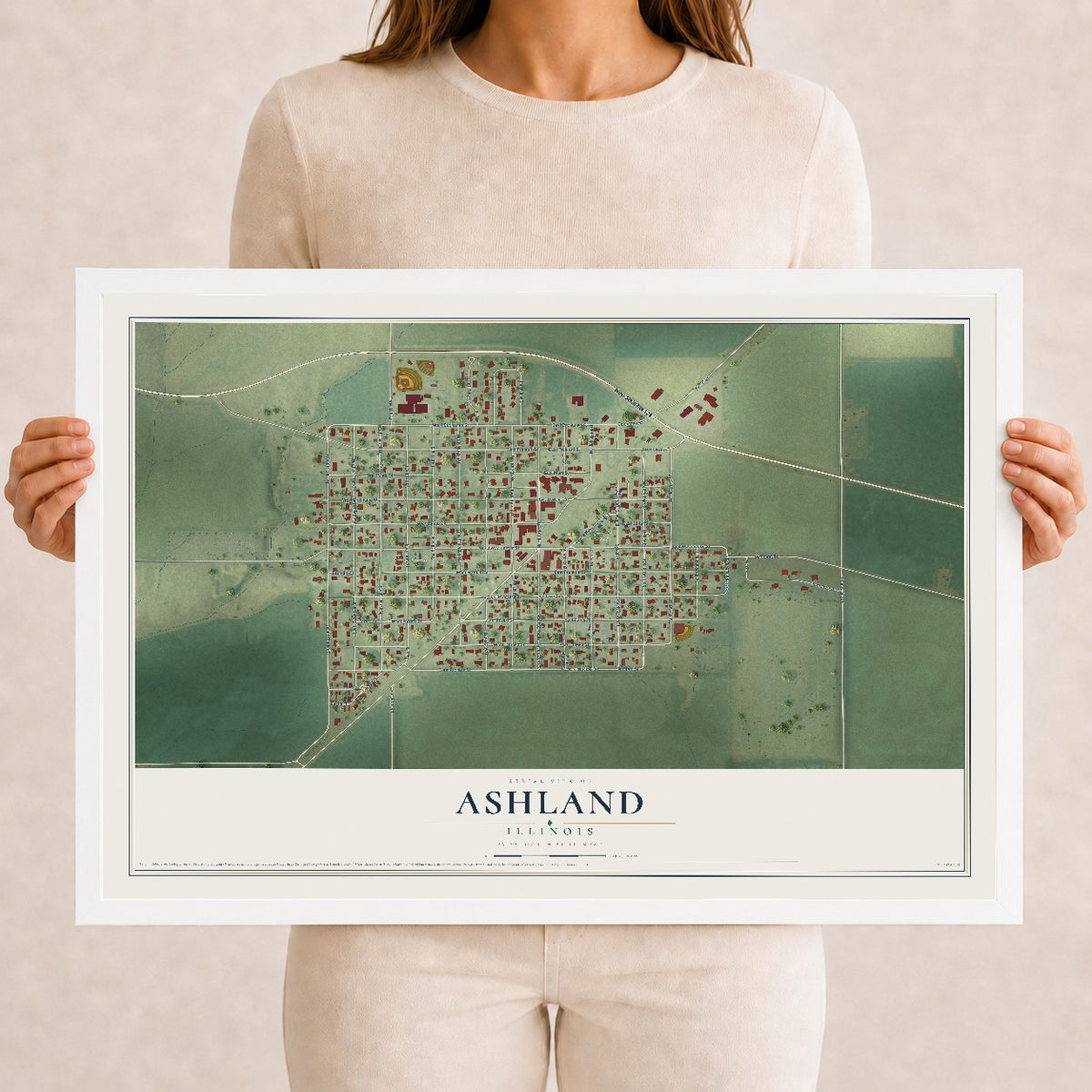 Map of Ashland, Illinois, 12 x 18 inch print in a white wood frame