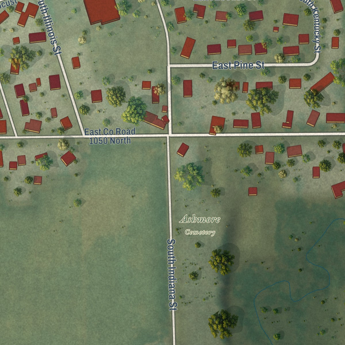 Second close-up of the map of Ashmore, Illinois print showing more streets and buildings