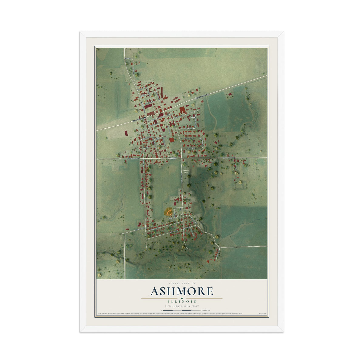 Map of Ashmore, Illinois, 12 x 18 inch print in a white wood frame