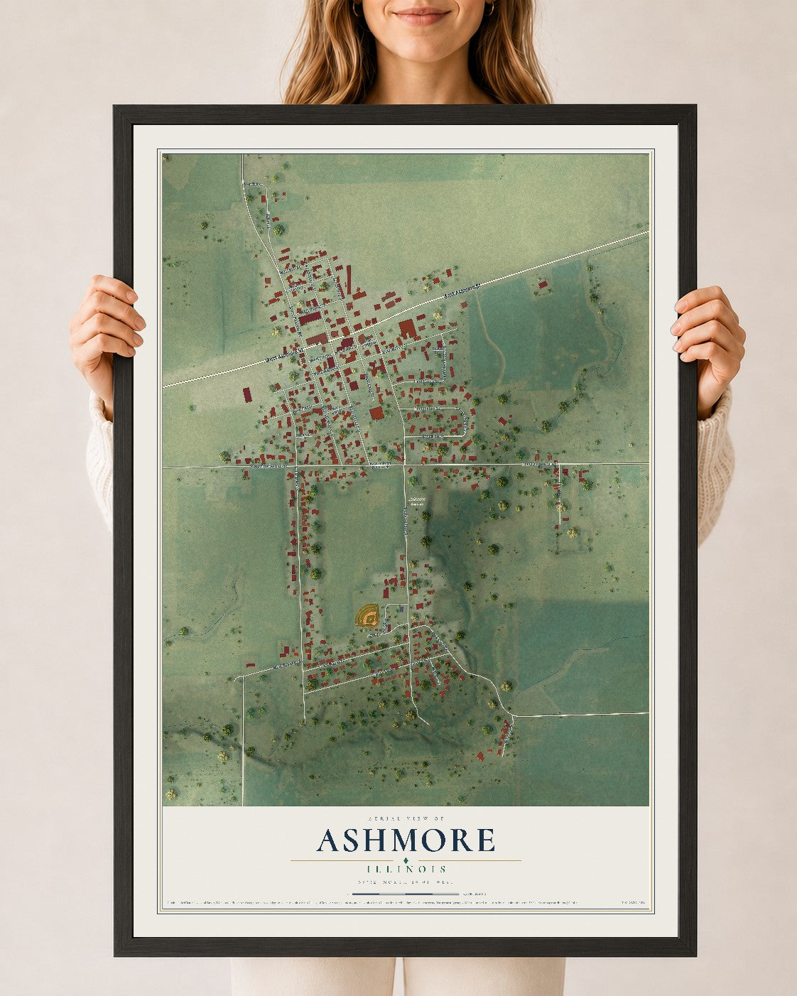 Map of Ashmore, Illinois, 24 x 36 inch print in a black wood frame