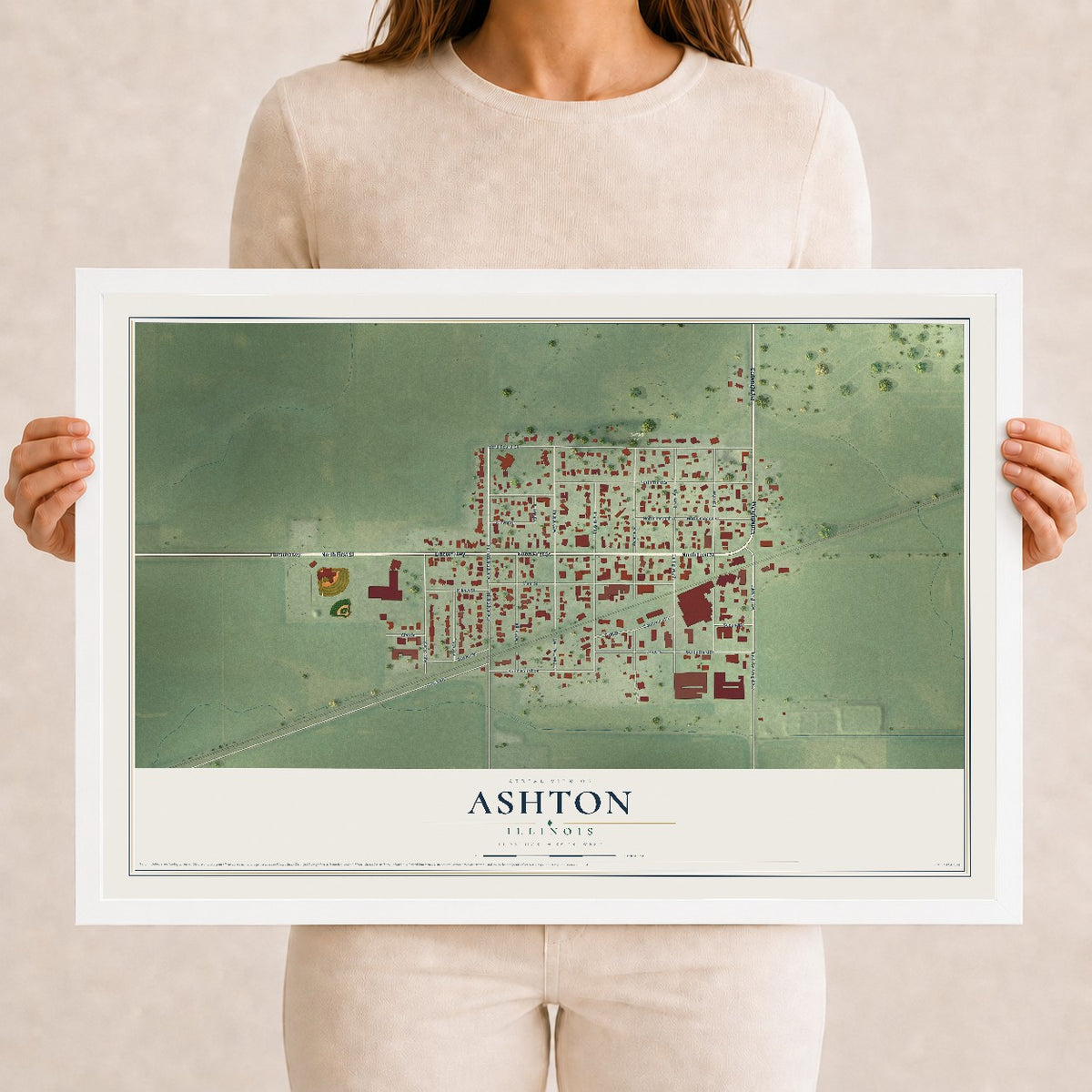 Map of Ashton, Illinois, 12 x 18 inch print in a white wood frame