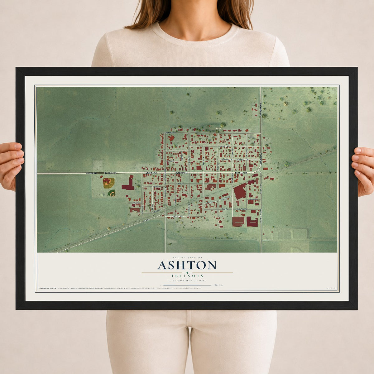 Map of Ashton, Illinois, 18 x 24 inch print in a black wood frame