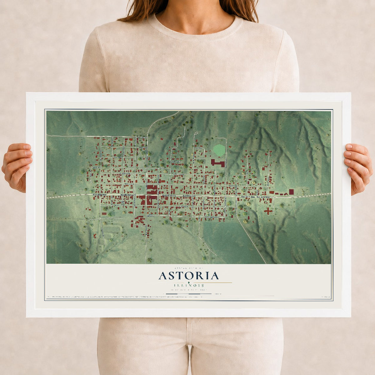 Map of Astoria, Illinois, 12 x 18 inch print in a white wood frame