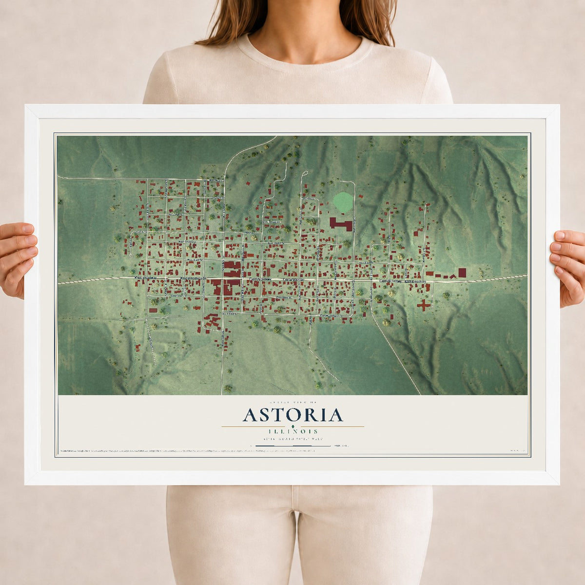 Map of Astoria, Illinois, 18 x 24 inch print in a white wood frame