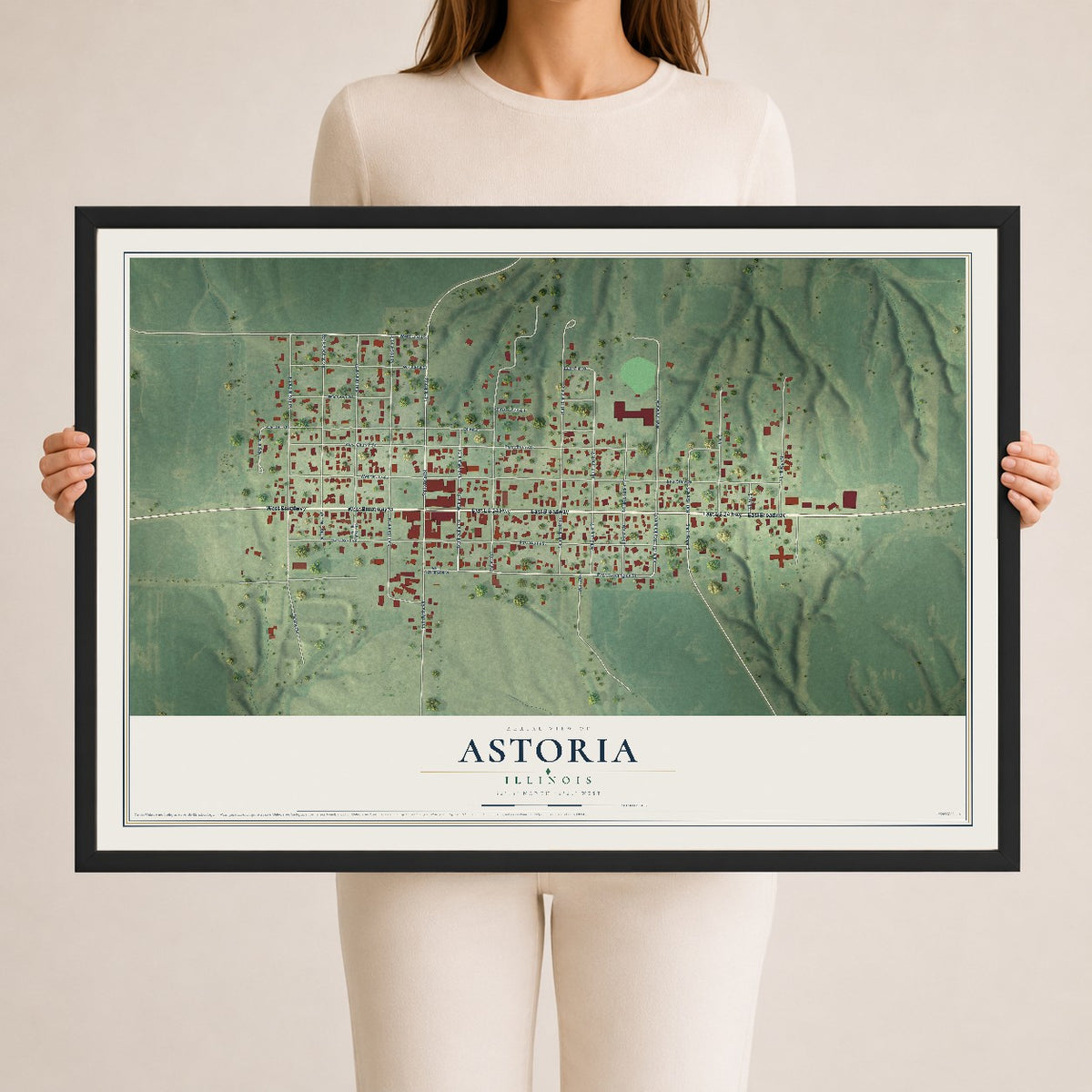 Map of Astoria, Illinois, 24 x 36 inch print in a black wood frame