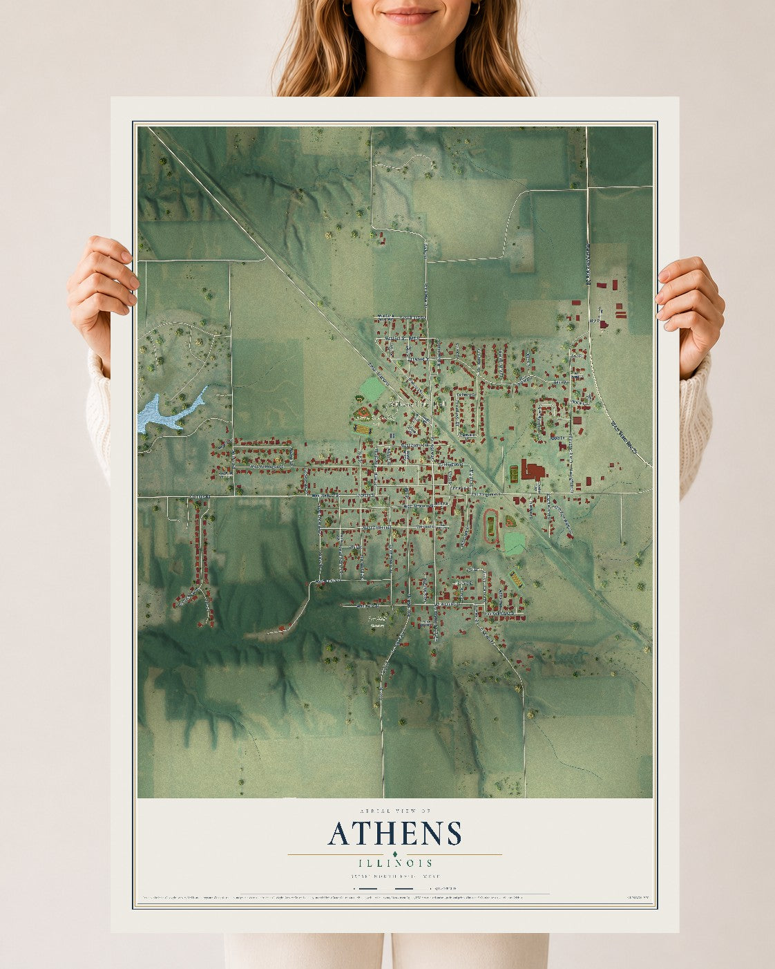 Map of Athens, Illinois, 24 x 36 inch unframed archival matte print