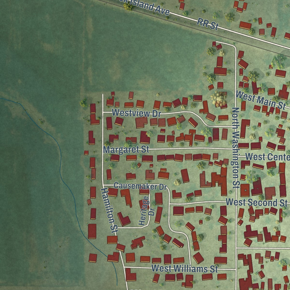 Second close-up of the map of Atkinson, Illinois print showing more streets and buildings