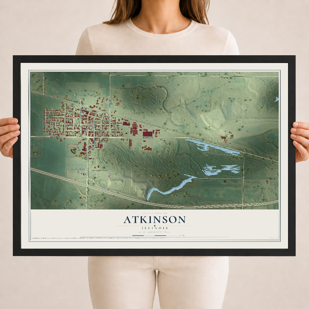 Map of Atkinson, Illinois, 18 x 24 inch print in a black wood frame