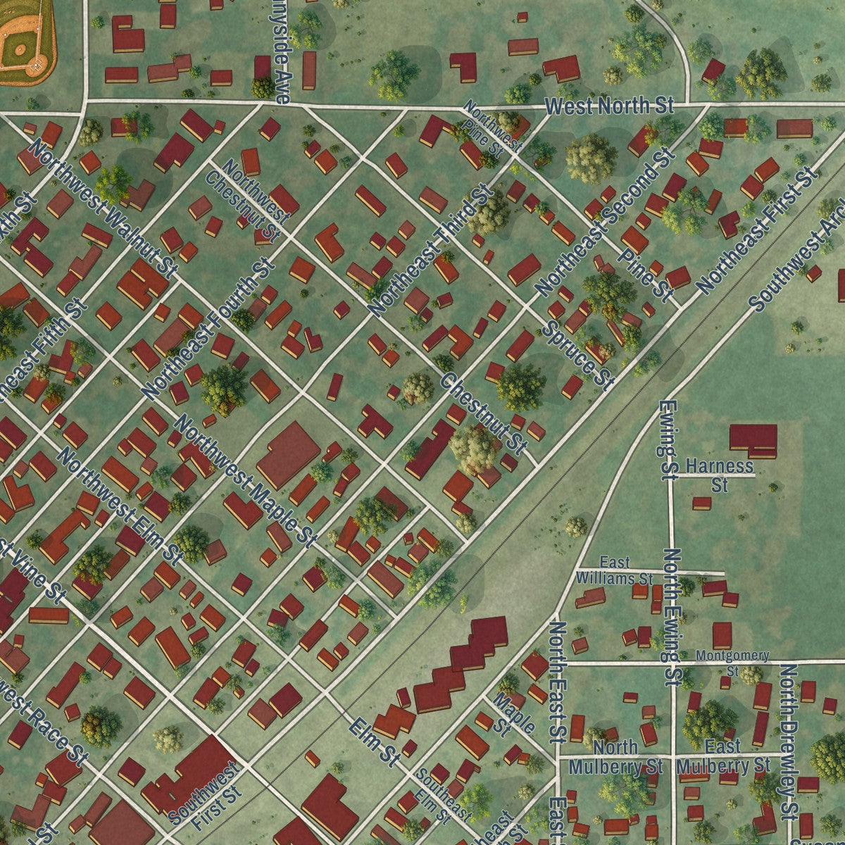 Close-up of the map of Atlanta, Illinois print showing street and building detail