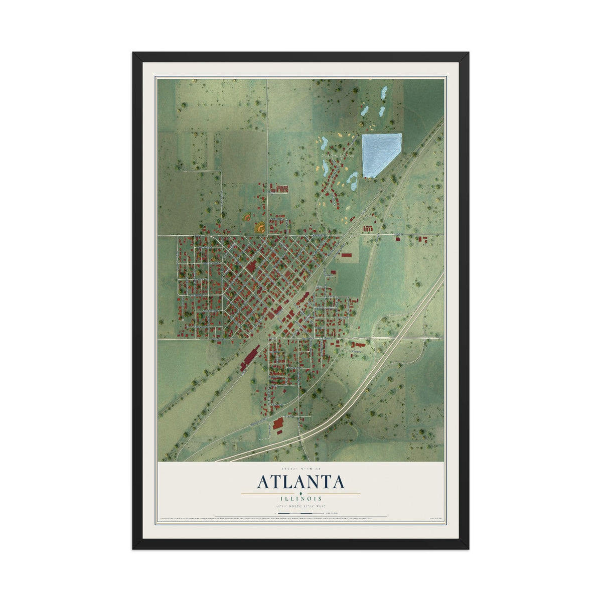 Map of Atlanta, Illinois, 12 x 18 inch print in a black wood frame