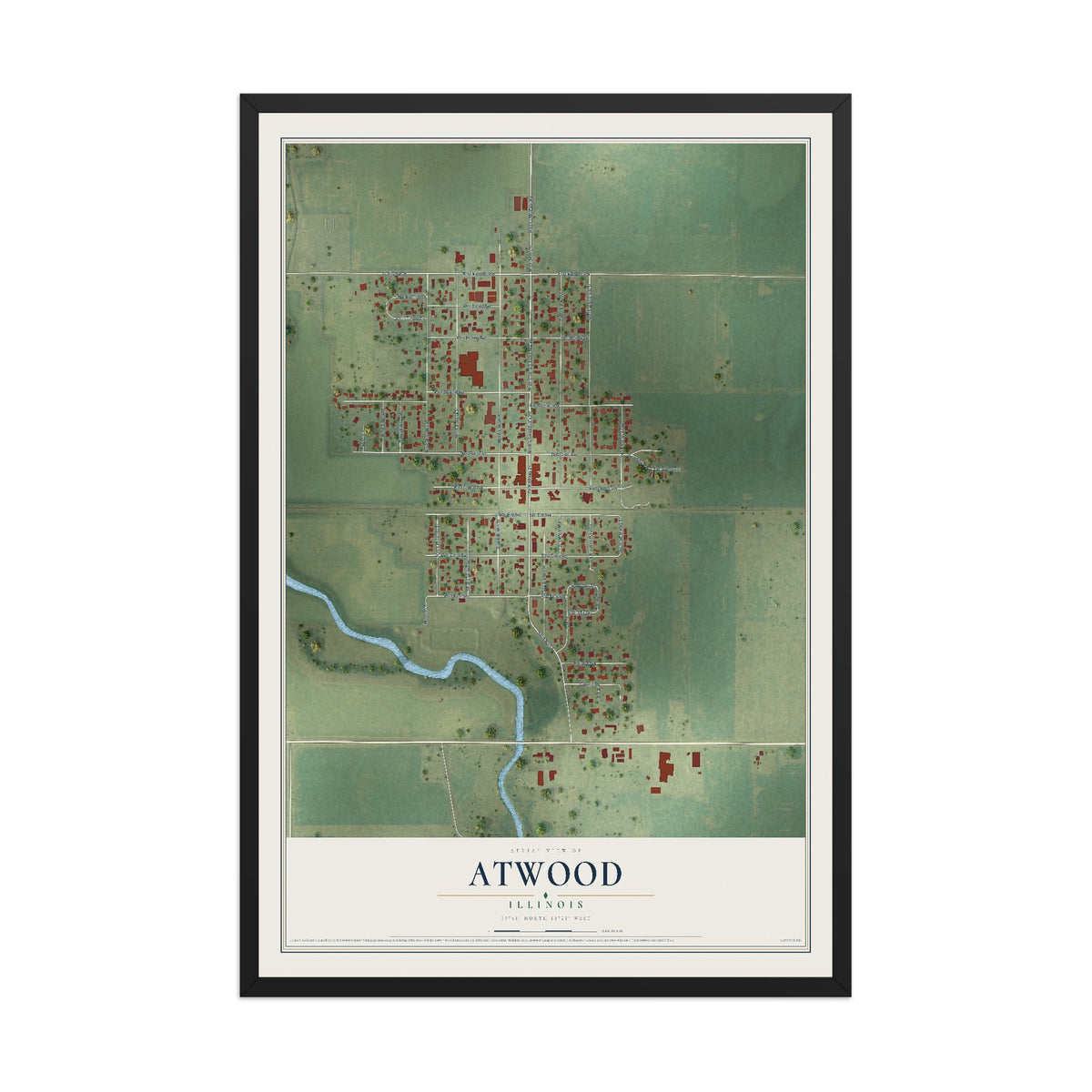 Map of Atwood, Illinois, 12 x 18 inch print in a black wood frame