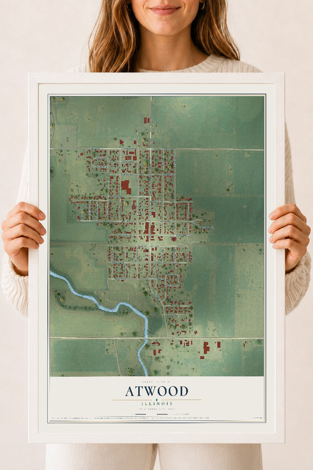 Map of Atwood, Illinois, 18 x 24 inch print in a white wood frame