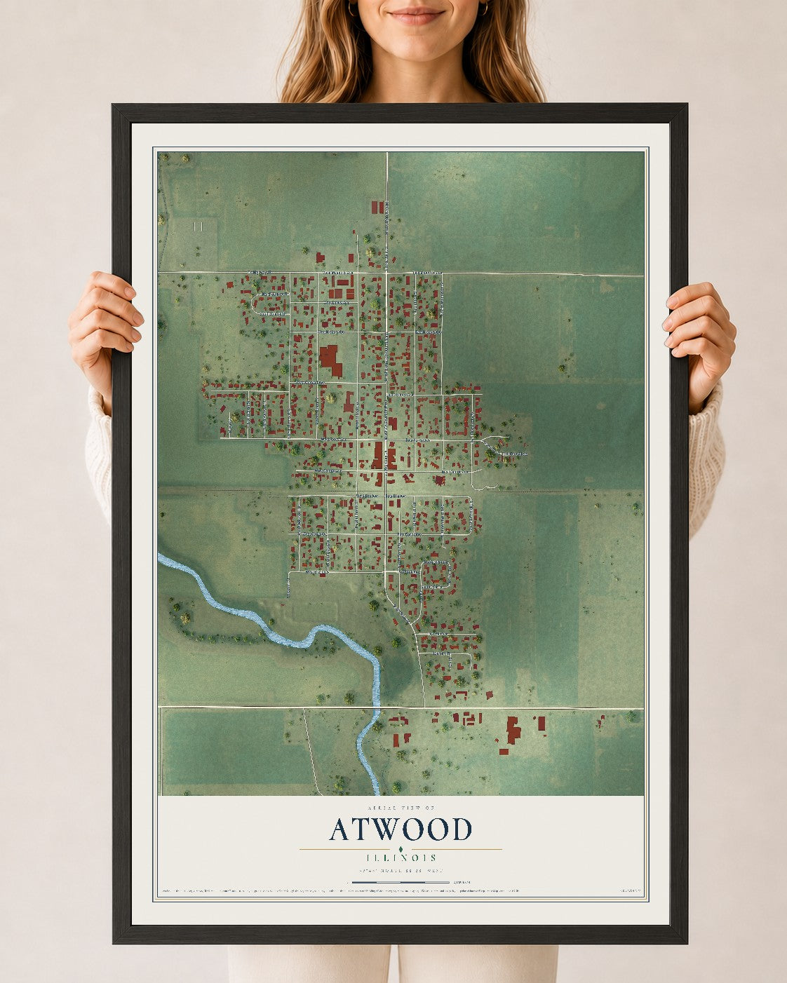 Map of Atwood, Illinois, 24 x 36 inch print in a black wood frame