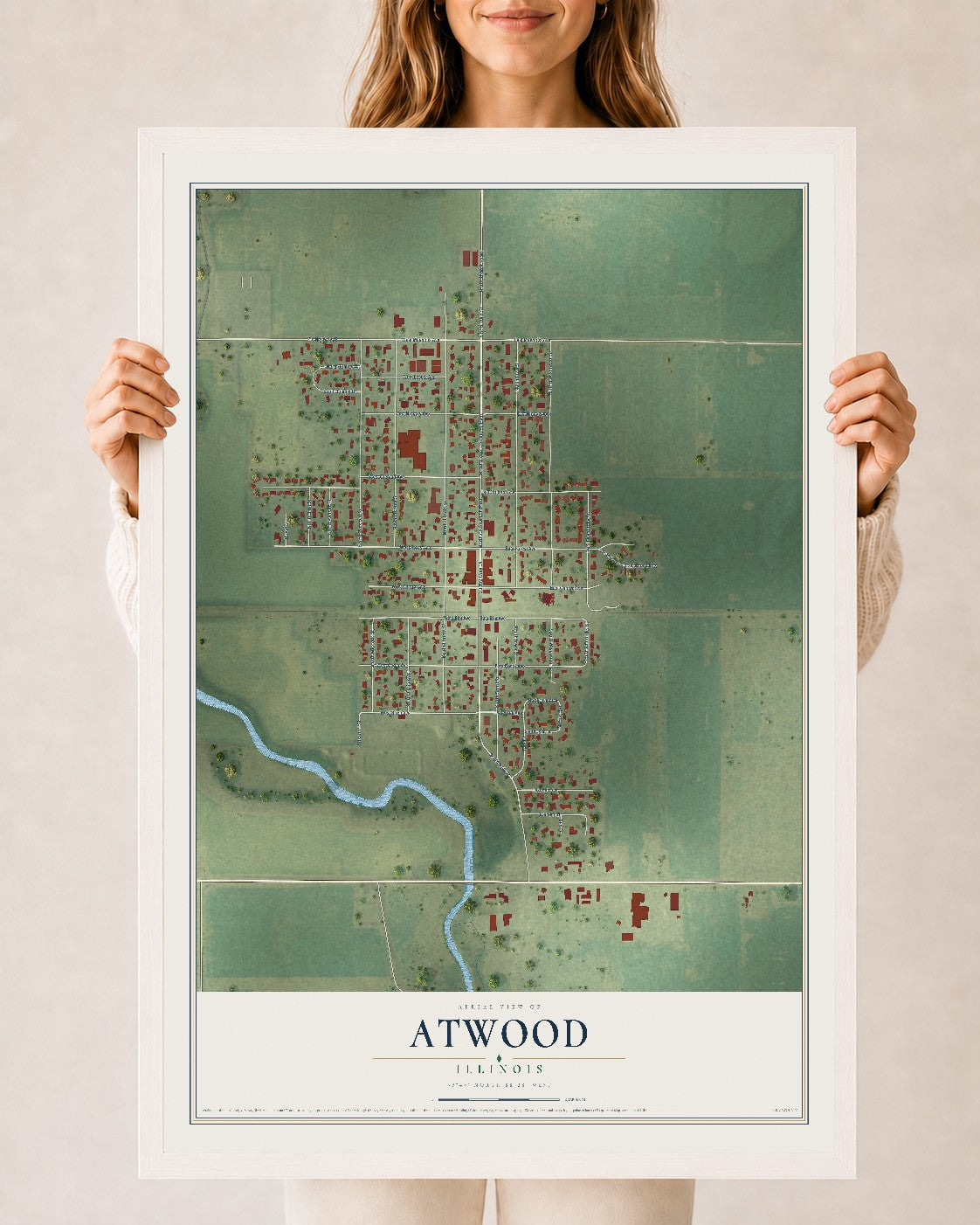 Map of Atwood, Illinois, 24 x 36 inch print in a white wood frame
