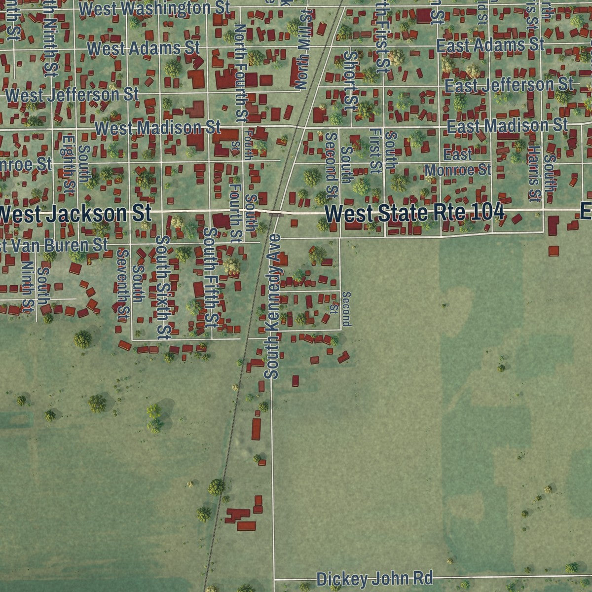 Close-up of the map of Auburn, Illinois print showing street and building detail