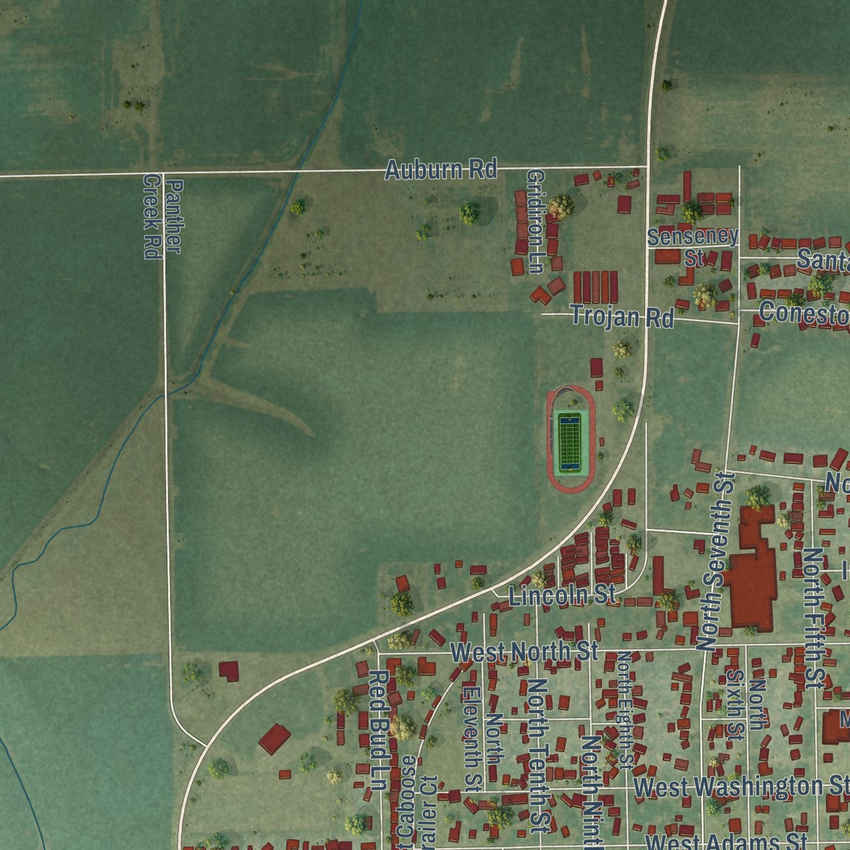 Second close-up of the map of Auburn, Illinois print showing more streets and buildings