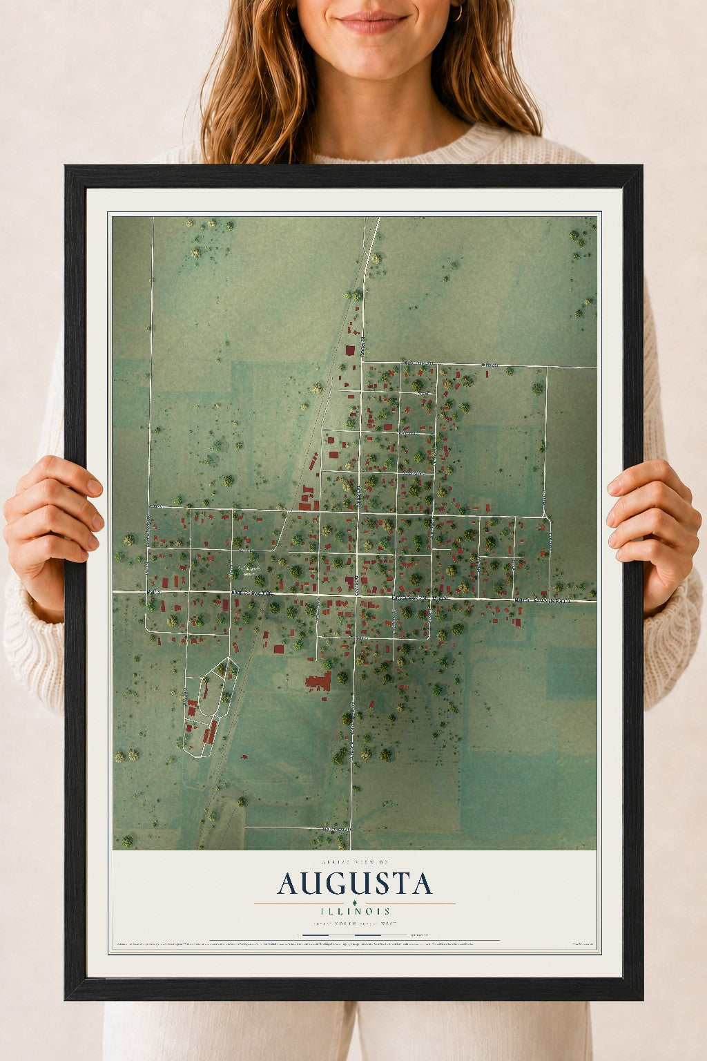 Map of Augusta, Illinois, 18 x 24 inch print in a black wood frame