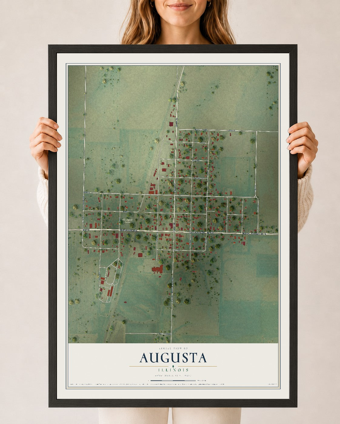 Map of Augusta, Illinois, 24 x 36 inch print in a black wood frame