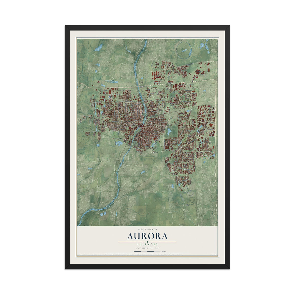 Map of Aurora, Illinois, 12 x 18 inch print in a black wood frame