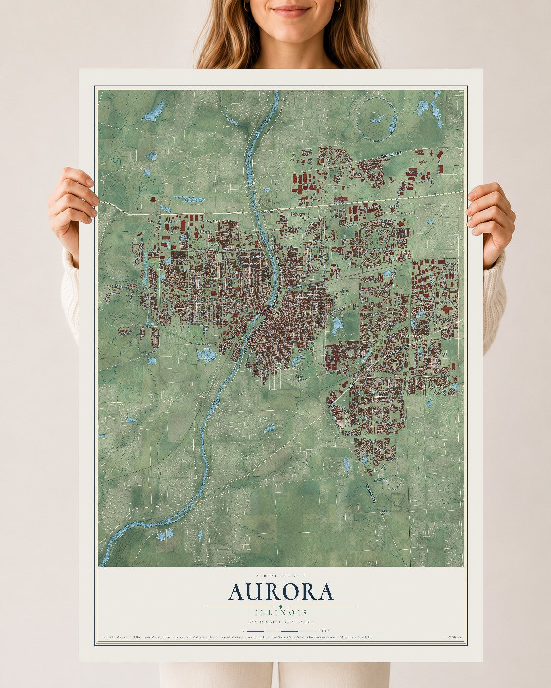 Map of Aurora, Illinois, 24 x 36 inch unframed archival matte print