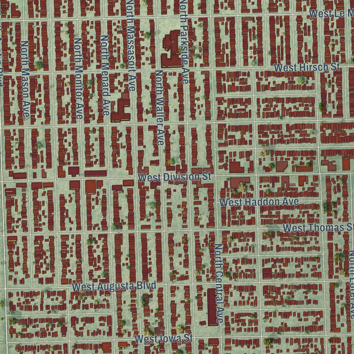 Close-up of the map of Austin, Illinois print showing street and building detail