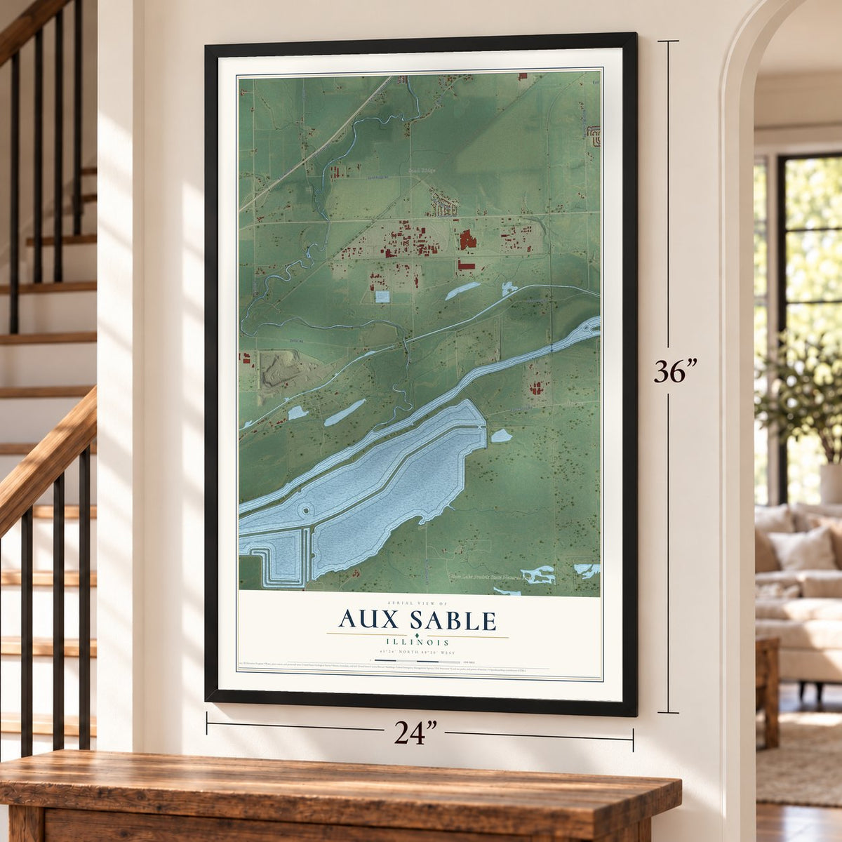Aux Sable, Illinois map, 24 x 36 inch print in a black frame by a staircase