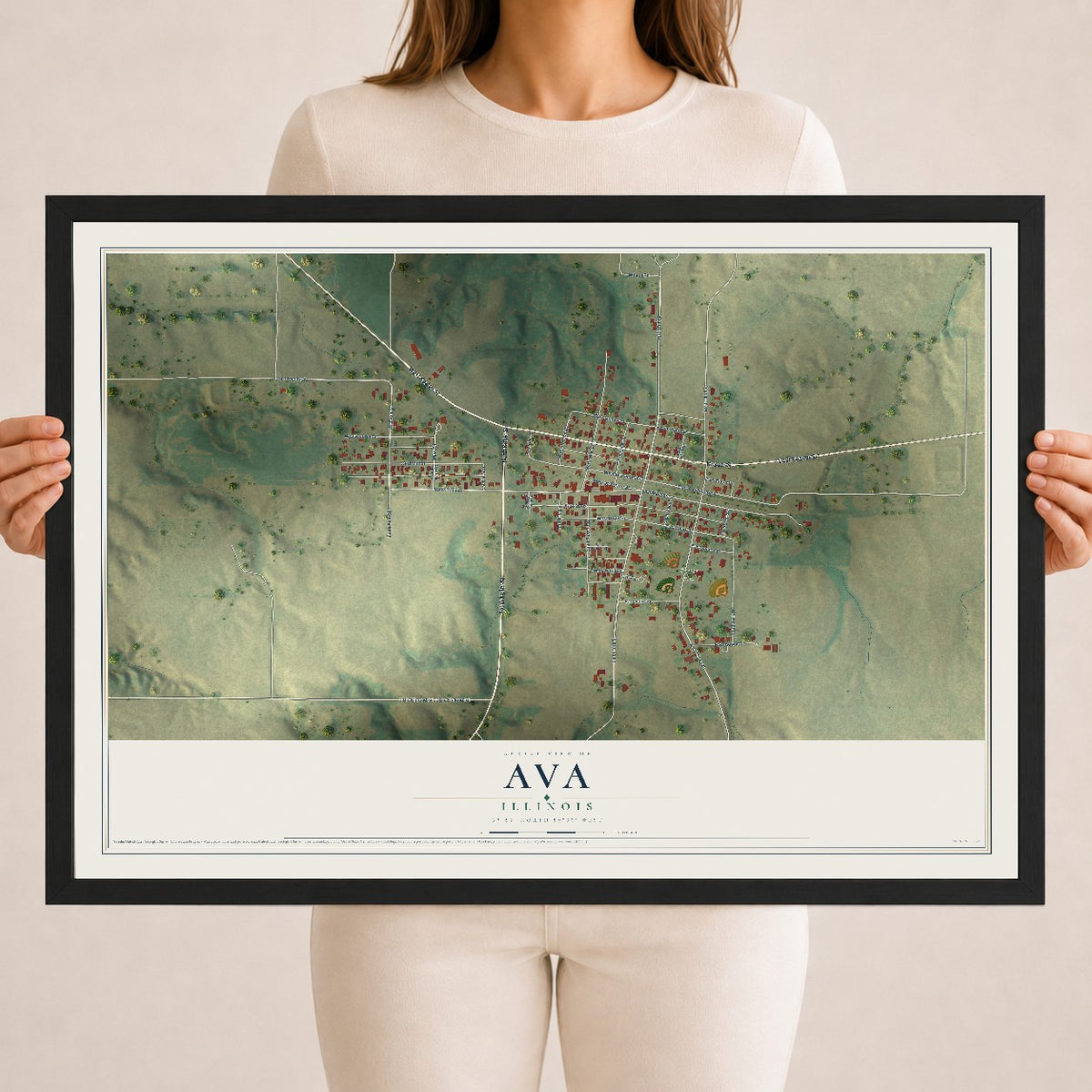 Map of Ava, Illinois, 18 x 24 inch print in a black wood frame