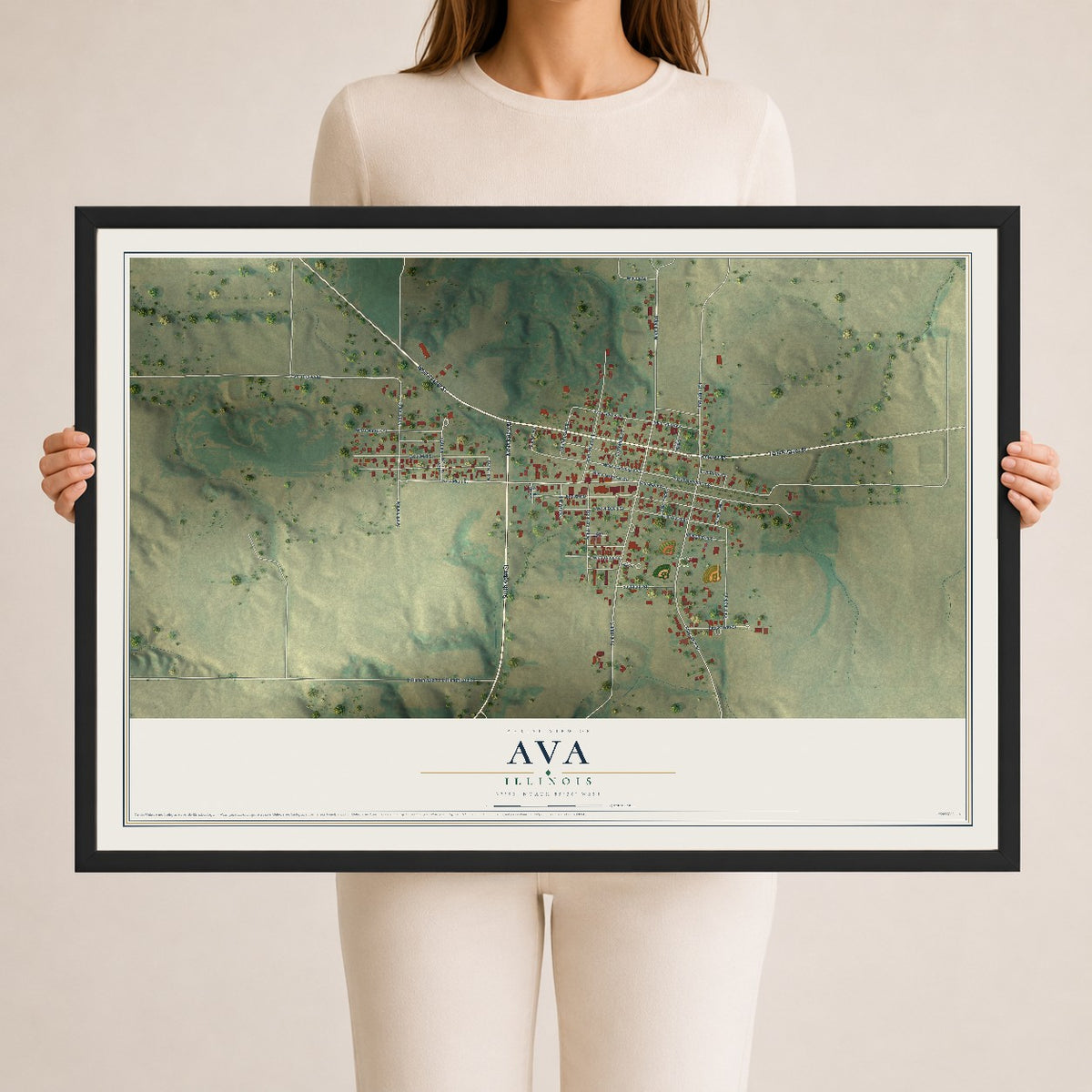 Map of Ava, Illinois, 24 x 36 inch print in a black wood frame