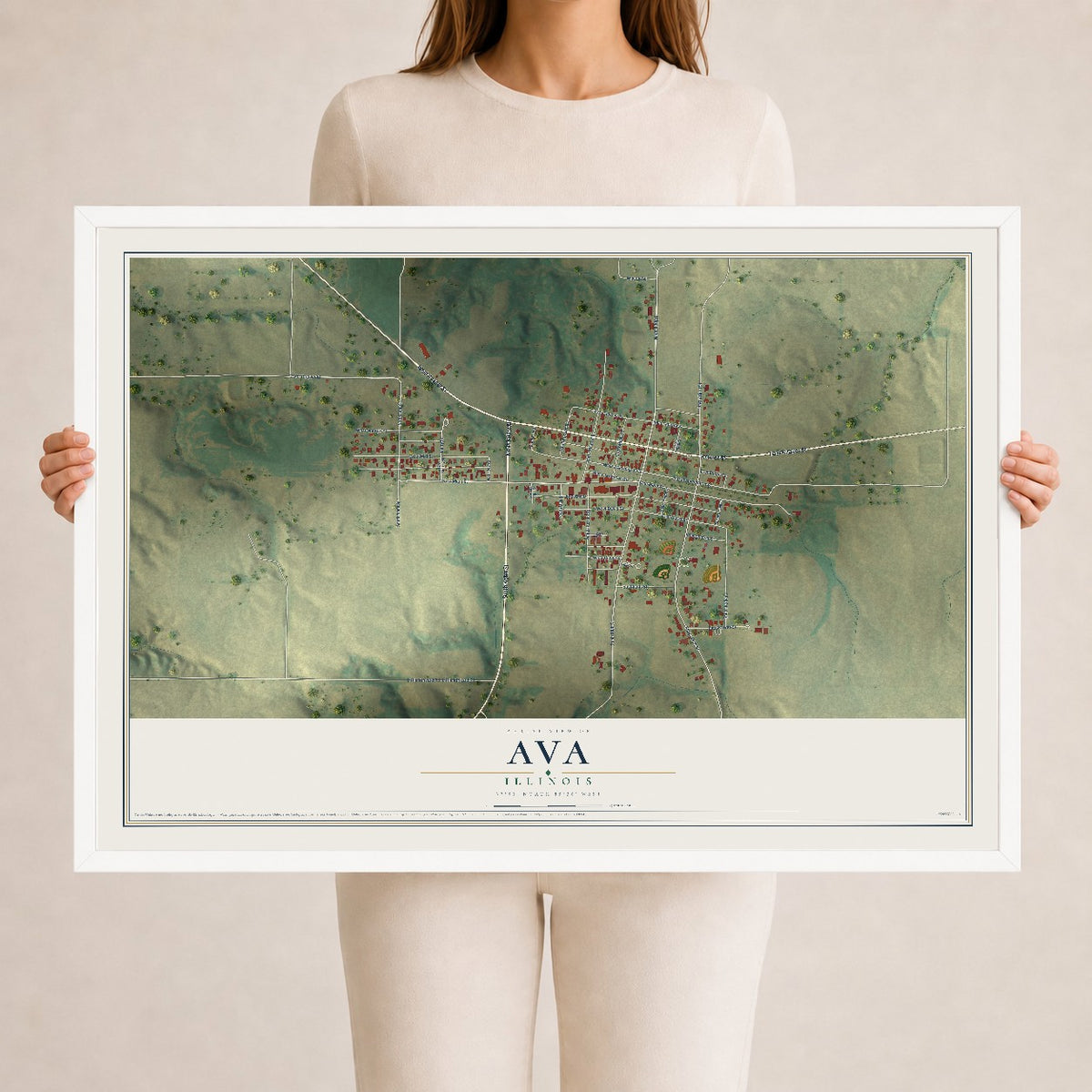 Map of Ava, Illinois, 24 x 36 inch print in a white wood frame