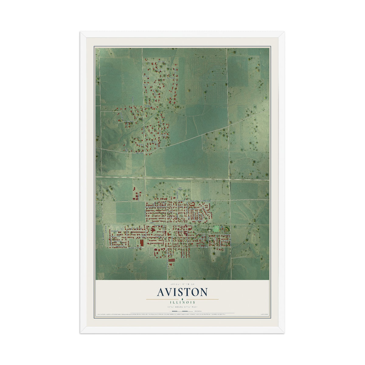 Map of Aviston, Illinois, 12 x 18 inch print in a white wood frame