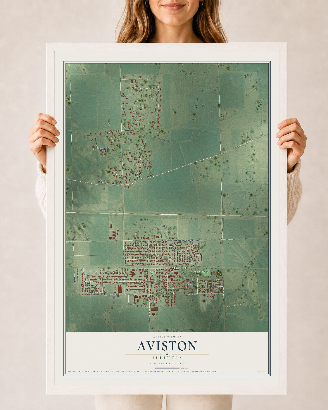 Map of Aviston, Illinois, 24 x 36 inch print in a white wood frame