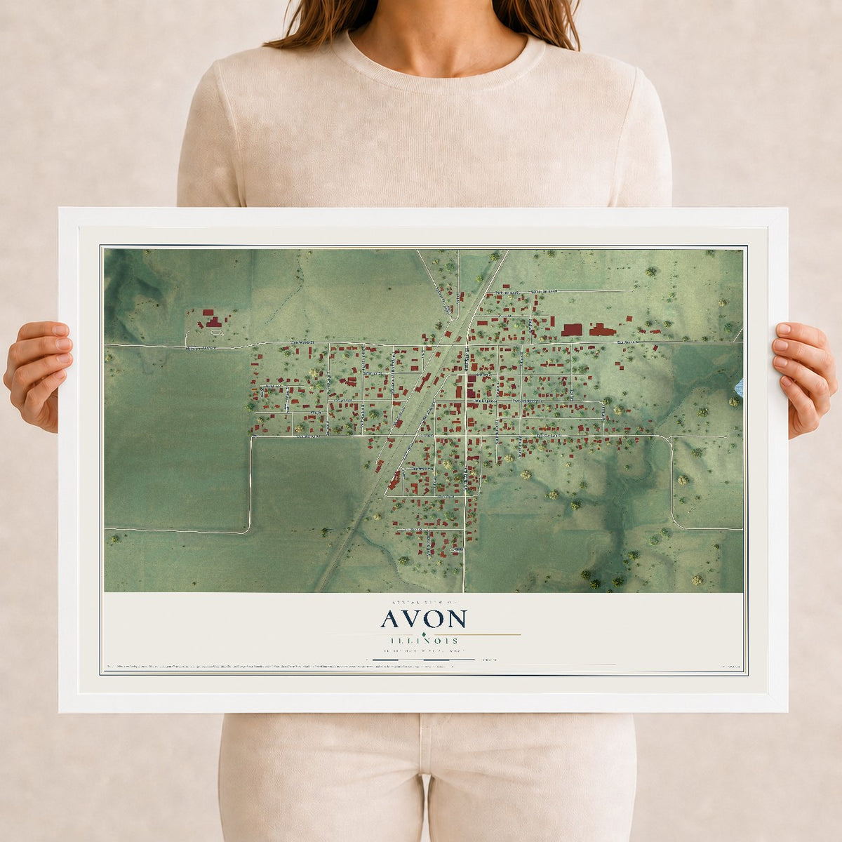 Map of Avon, Illinois, 12 x 18 inch print in a white wood frame