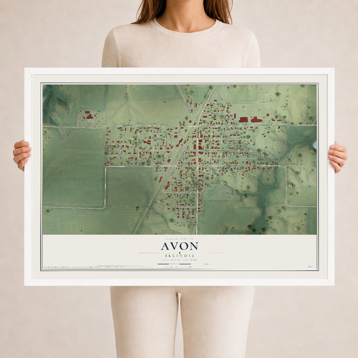 Map of Avon, Illinois, 24 x 36 inch print in a white wood frame