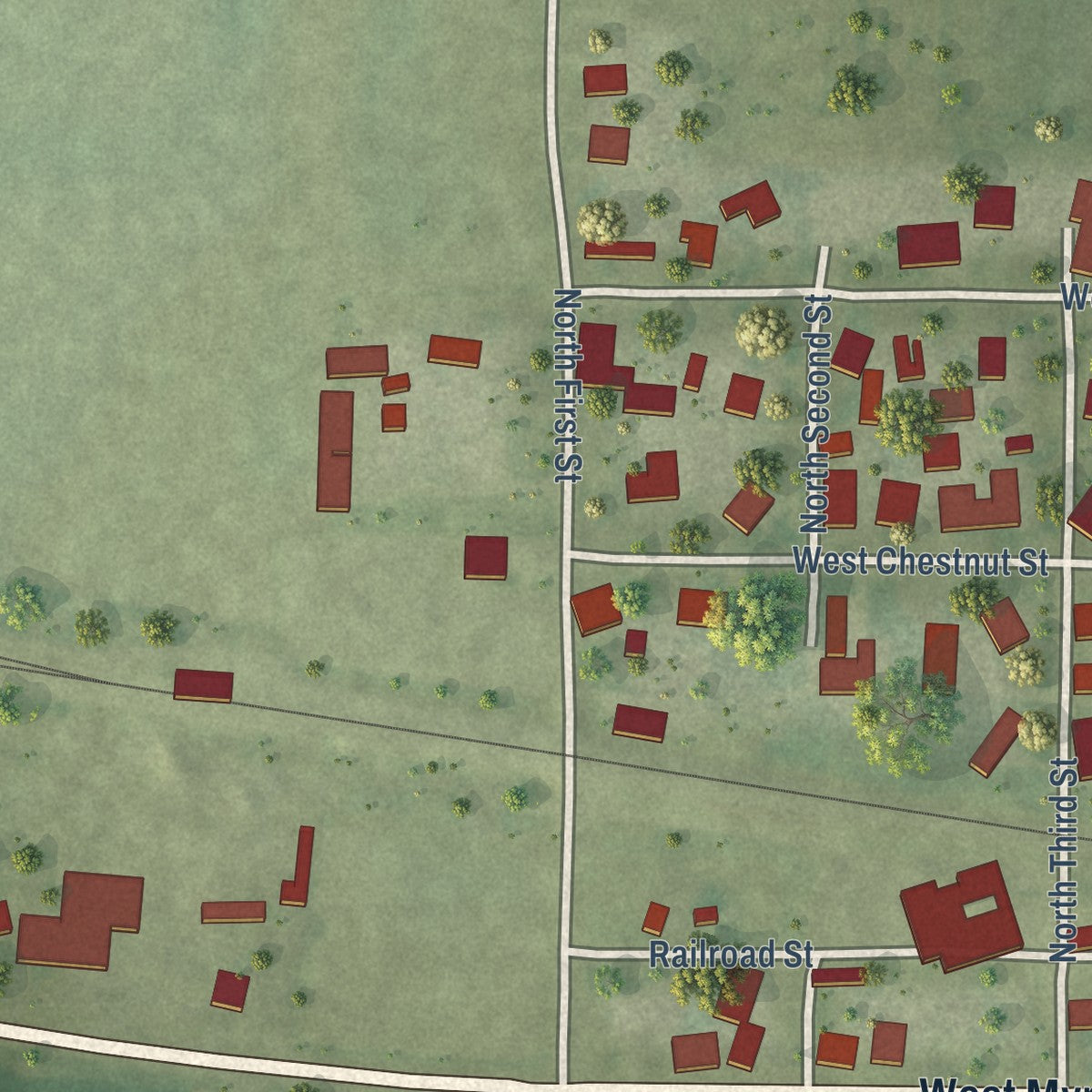 Second close-up of the map of Baldwin, Illinois print showing more streets and buildings