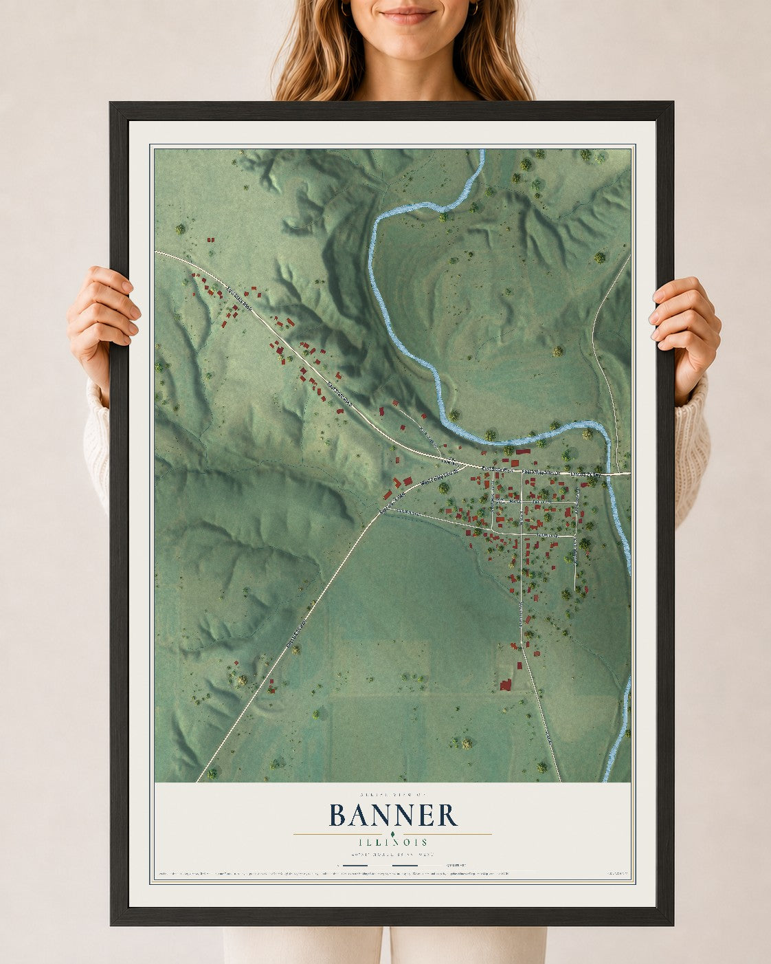 Map of Banner, Illinois, 24 x 36 inch print in a black wood frame