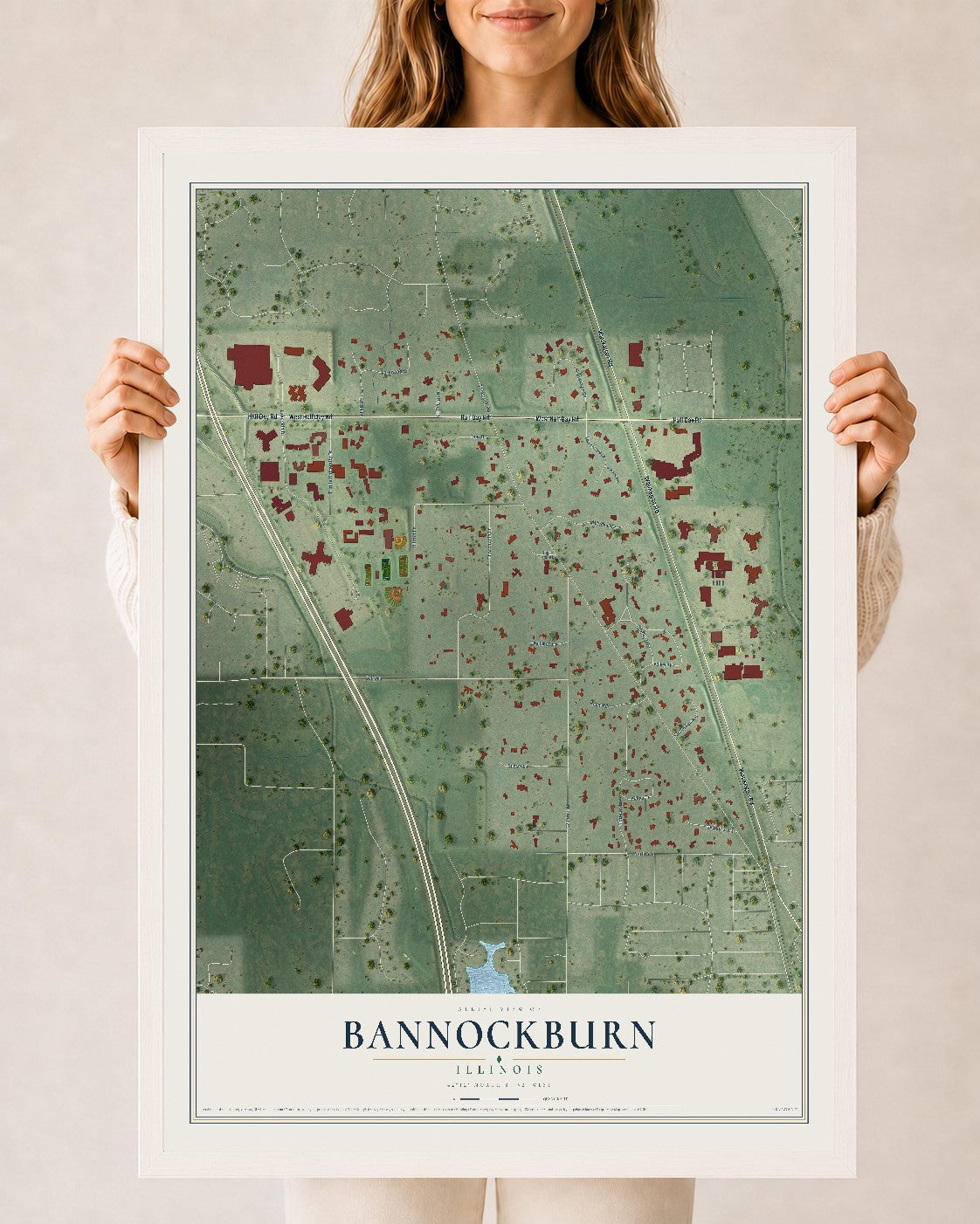 Map of Bannockburn, Illinois, 24 x 36 inch print in a white wood frame