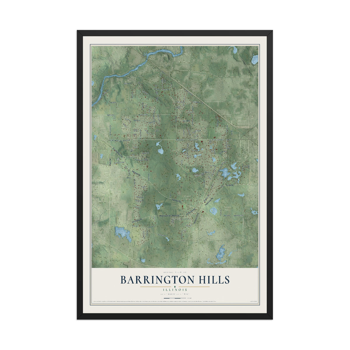 Map of Barrington Hills, Illinois, 12 x 18 inch print in a black wood frame