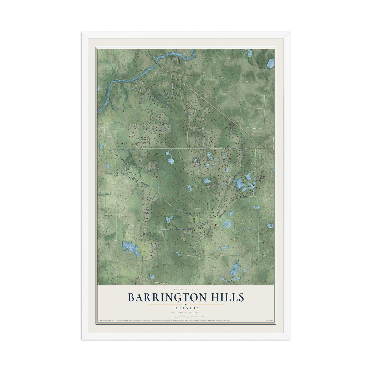 Map of Barrington Hills, Illinois, 12 x 18 inch print in a white wood frame