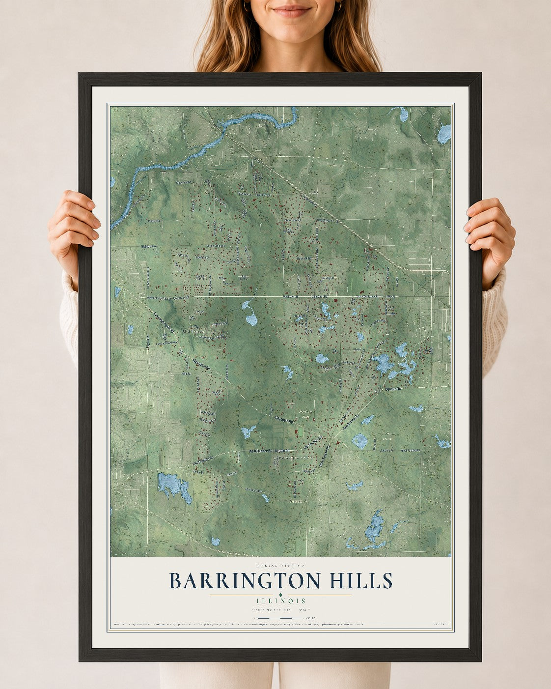 Map of Barrington Hills, Illinois, 24 x 36 inch print in a black wood frame