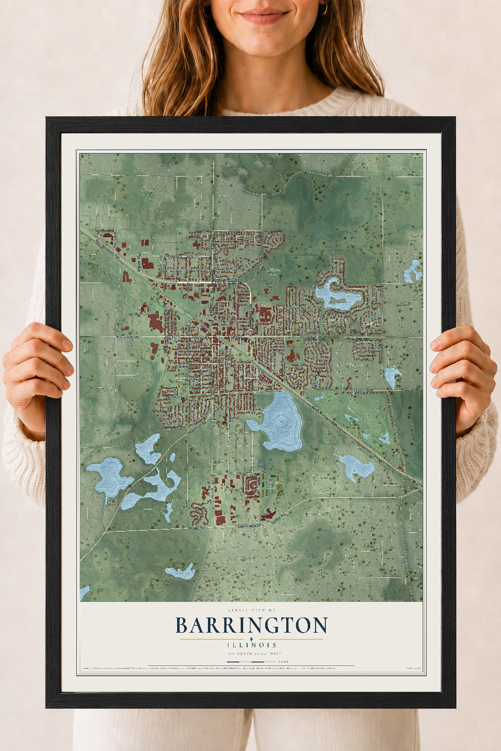 Map of Barrington, Illinois, 18 x 24 inch print in a black wood frame