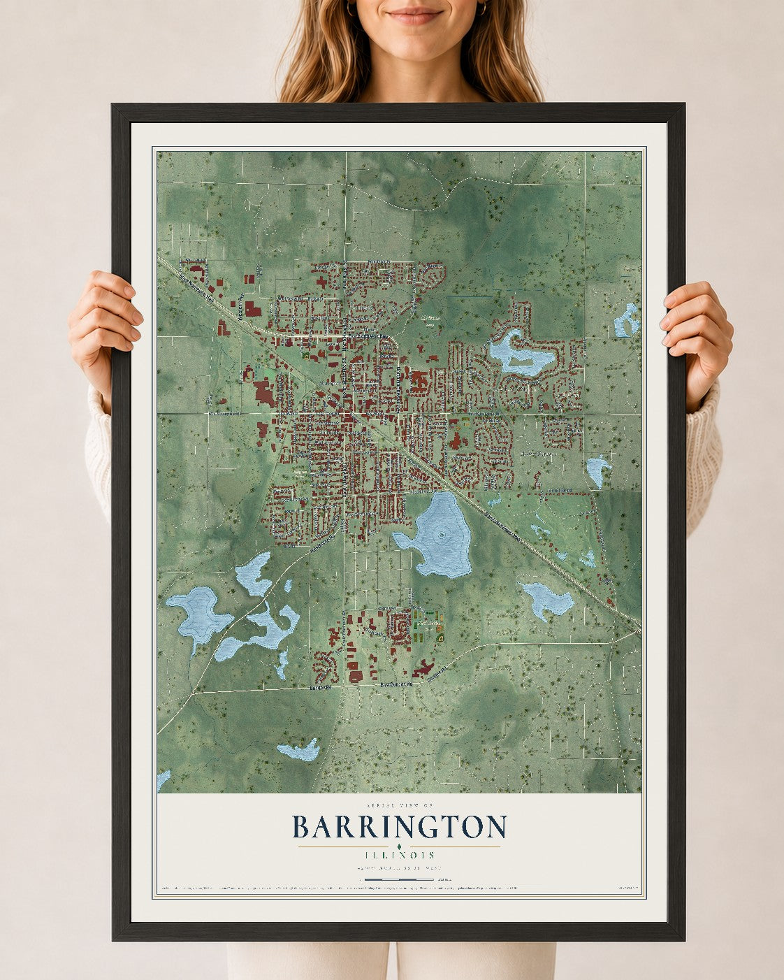 Map of Barrington, Illinois, 24 x 36 inch print in a black wood frame