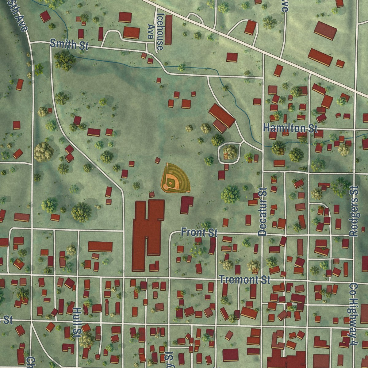 Second close-up of the map of Barry, Illinois print showing more streets and buildings