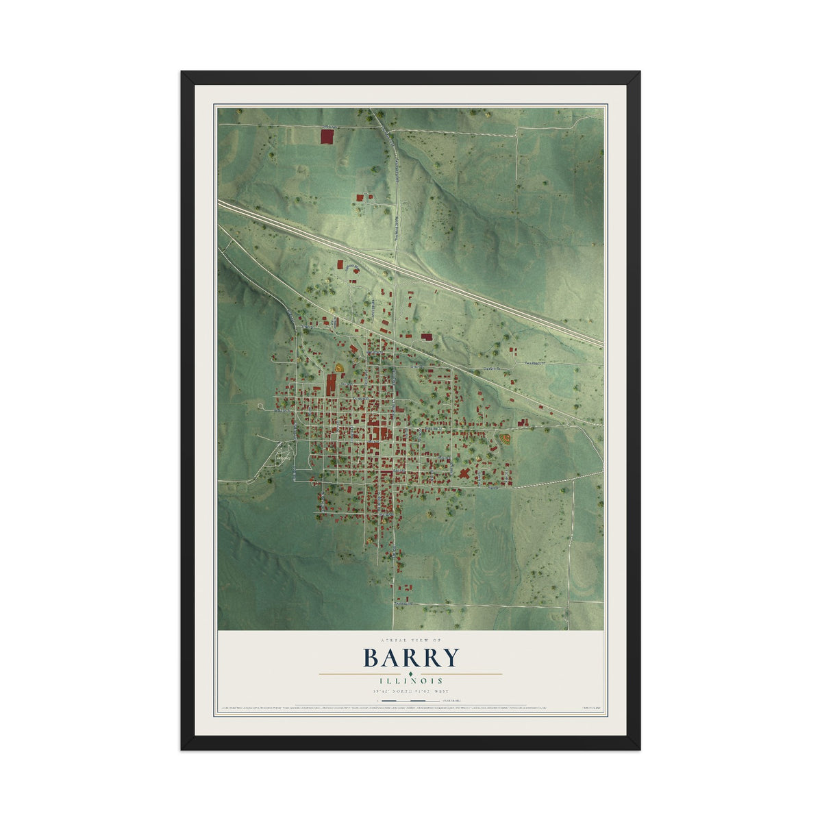 Map of Barry, Illinois, 12 x 18 inch print in a black wood frame
