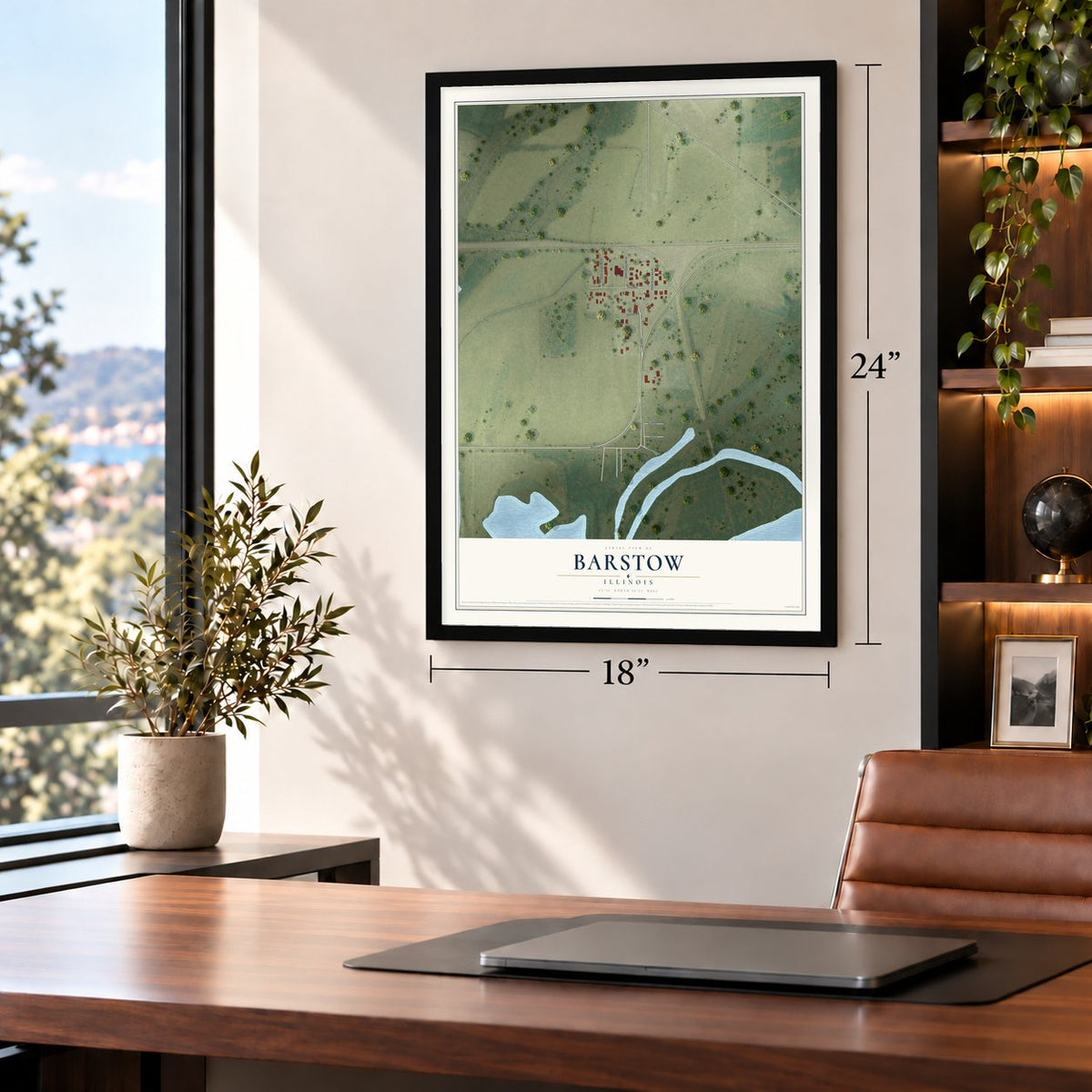 Barstow, Illinois map, 18 x 24 inch print in a black frame in a home office